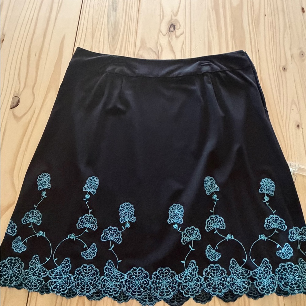 Dress Barn Black A-Line Skirt with Teal Floral Embroidery